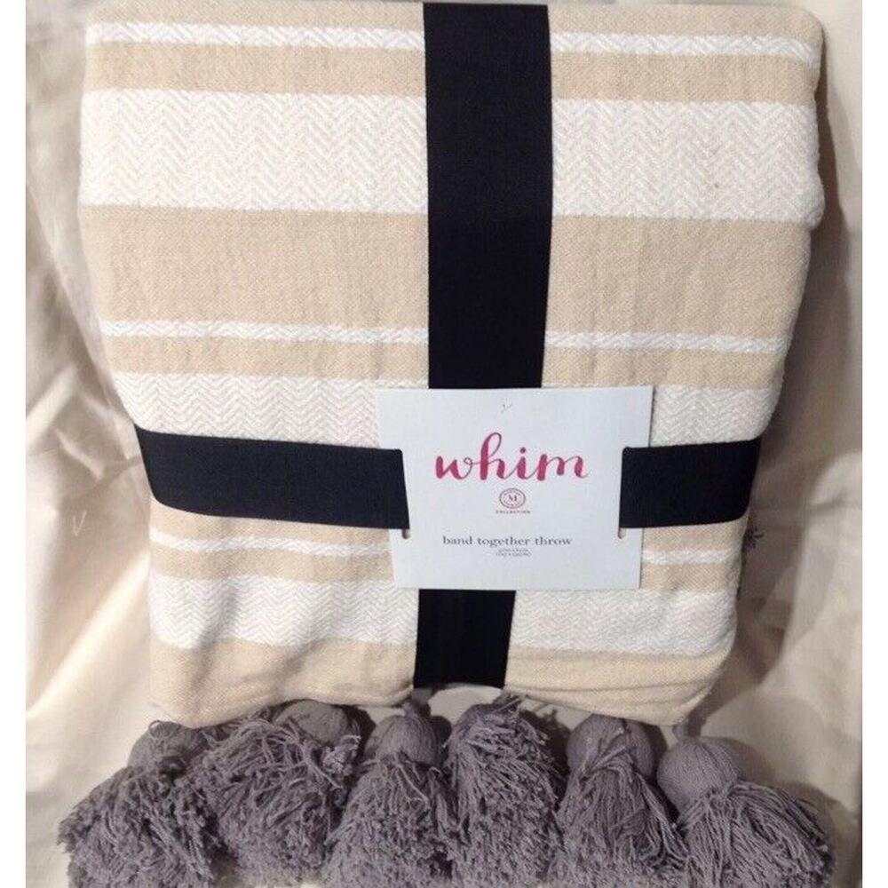 Martha Stewart Whim Blanket XL Big Tassels Bohemian Throw 50"x60'' Tan Ivory NWT